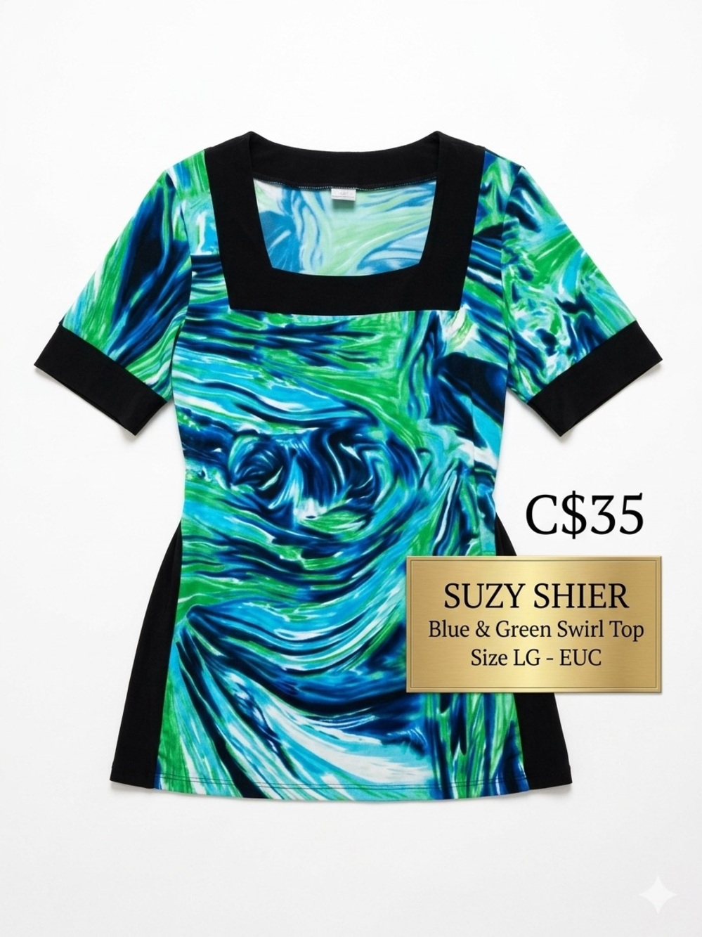 Suzy Shier Blue and Green Swirl Print Top Square Neck Asymmetric trim EUC LG